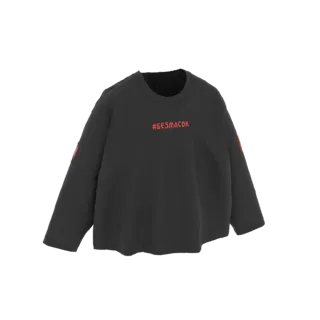 3D model of a black oversized long-sleeve t-shirt with a red '#BEZMASOK' graphic on the chest and red accents on the sleeves.