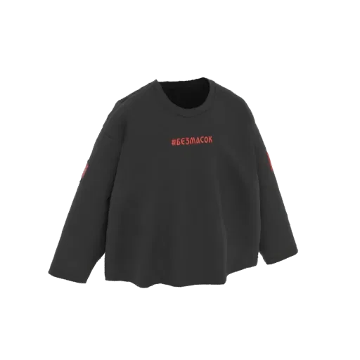 3D model of a black oversized long-sleeve t-shirt with a red '#BEZMASOK' graphic on the chest and red accents on the sleeves.