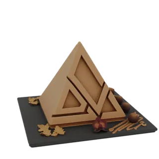 3D model of a geometric pyramid dessert with chocolate finish, adorned with golden leaves and a burgundy orchid on a dark sla