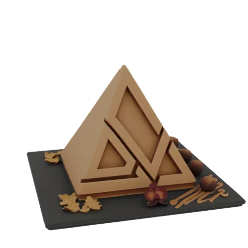 3D-Modell eines geometrischen Pyramiden-Desserts mit Schokoladenfinish, verziert mit goldenen Blättern und einer burgunderfar