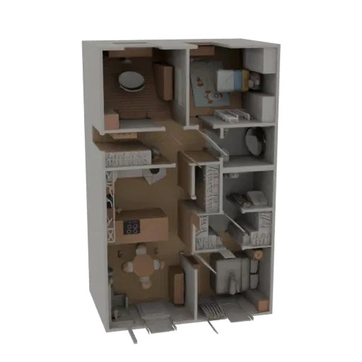 Top-down 3D render of a modern apartment interior, showing living room, kitchen, and dining areas with furniture.
