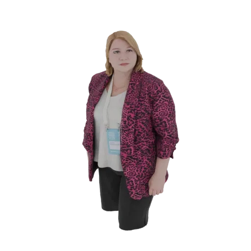 3D model of a woman with blonde hair, wearing a pink leopard print blazer, white top, and black pants, standing confidently.