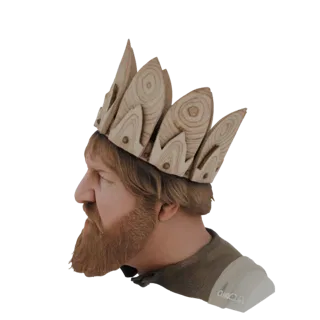 3D model of a king's bust wearing a detailed wooden crown, shown in profile.