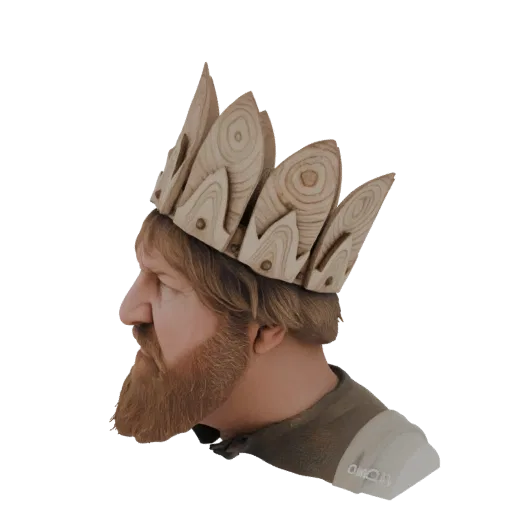 3D model of a king's bust wearing a detailed wooden crown, shown in profile.