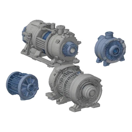 3D model of a multistage centrifugal pump with a white body and blue parts, placed on a gray surface.