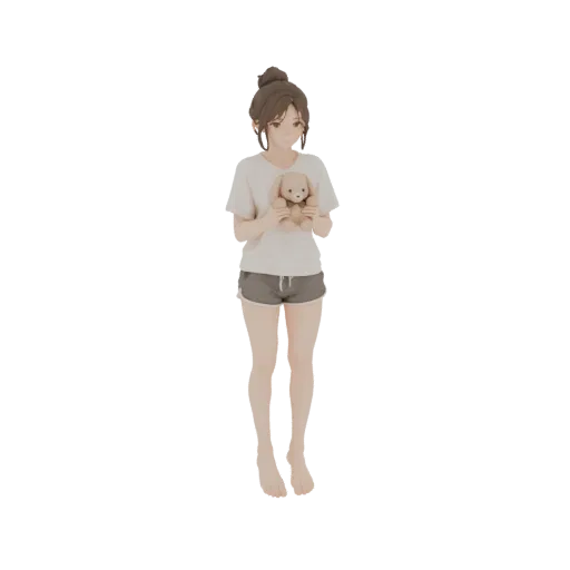 Modelo 3D de joven chica anime con pelo castaño en moño, vestida con camiseta blanca y shorts grises, sosteniendo un osito de