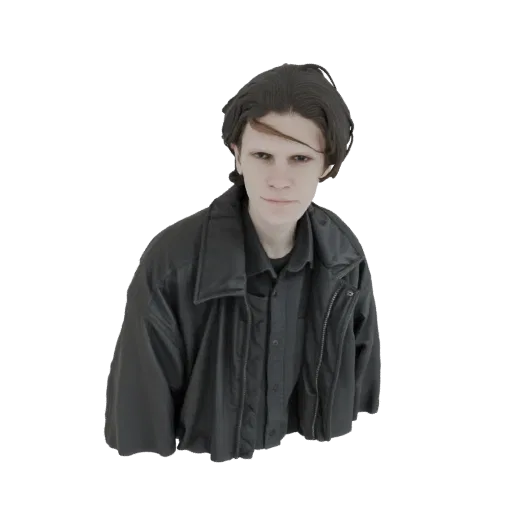 3D model of a person wearing a black bomber jacket over a black collared shirt, with dark hair and a neutral expression.