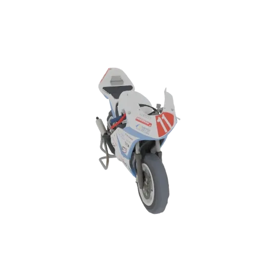 3D model of a white and blue racing motorcycle with the number 11 prominently displayed on its front fairing, set against a p