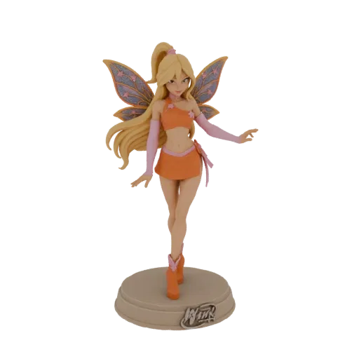 3D model of Fairy Princess Stella from Winx Club, wearing an orange outfit and pink accessories, with large, ornate fairy win