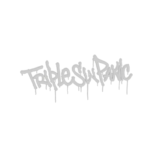 3D-Modell des Triple S W Panic Graffiti Logos mit tropfendem Farbeffekt, in Hellgrau auf weißem Hintergrund gerendert.