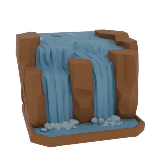 Waterfall Cliff Scene Printable 3D model, isometric tabletop STL render, showing wet stone, water edges.
