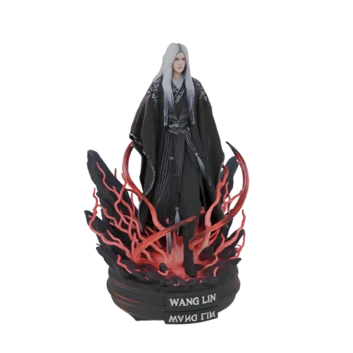 3D model of Wang Lin, a fantasy warrior with white hair and a dark robe, standing on a base with red energy effects.