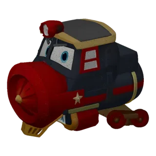 Modelo 3D de trem de neve cartoon com olhos grandes e limpa-neve vermelho, sobre fundo cinza e nevado.