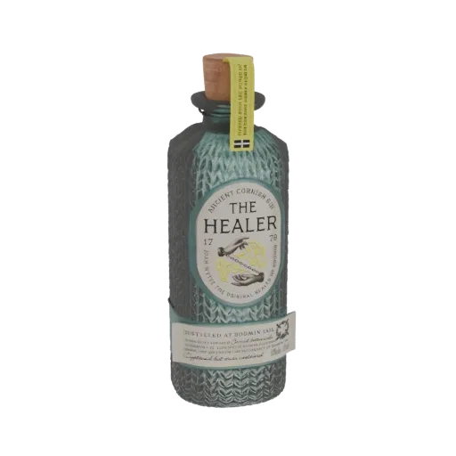 3D-Modell der The Healer Antike Cornish Gin Flasche, zeigt strukturiertes teal-farbenes Glas, Korken und detailliertes Etiket