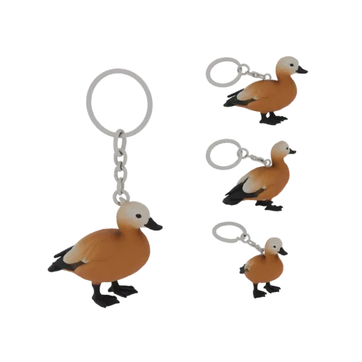3D model of a Ruddy Shelduck keychain, featuring a reddish-brown duck with a light-colored head and black beak, attached to a