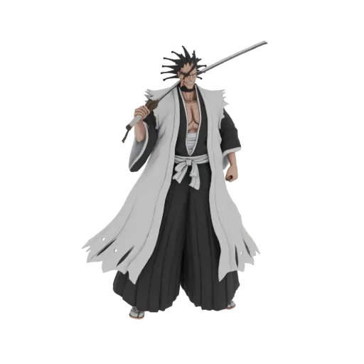 3D model of Kenpachi Zaraki from Bleach, a male anime character with spiky hair and a sword, standing in a dynamic pose.