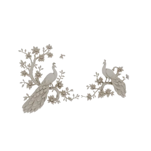 3D-Modell von zwei eleganten Pfauen auf Kirschblütenzweigen, in neutraler, matter Oberfläche gerendert.