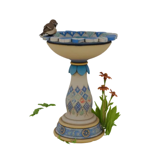 Modèle 3D d'un bain d'oiseaux orné avec un petit oiseau perché, entouré de fleurs et de motifs décoratifs.