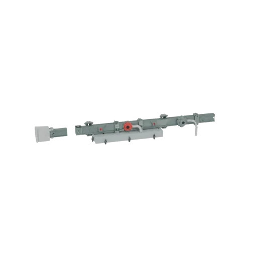 3D model of an industrial HVAC unit with a grey control box and red piping, set against a white background.