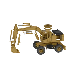 3D model of a yellow wheeled excavator with articulated arm and bucket, set against a black background.