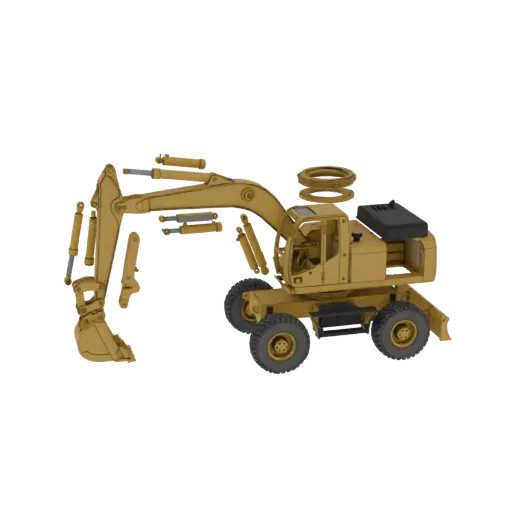 3D model of a yellow wheeled excavator with articulated arm and bucket, set against a black background.