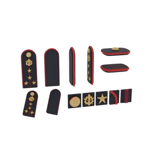 A collection of 3D rendered military insignia, including shoulder boards and rank badges, with gold emblems on a dark blue ba