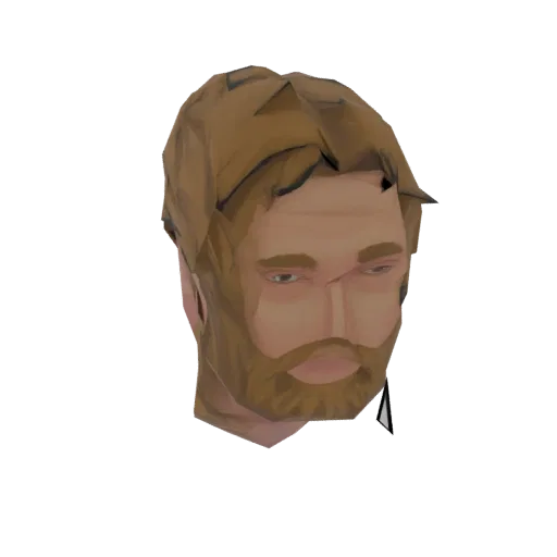 A low-poly 3D model of a bearded man's head and shoulders, rendered with angular facets and a stylized appearance.