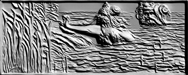 3D bas-relief model of a sea deity emerging from waves, with vegetation on the left.