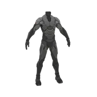 3D-Modell eines futuristischen Sci-Fi Kampf Rüstungsanzugs, grau mit roten Akzenten, kopflos, stehend vor weißem Hintergrund.