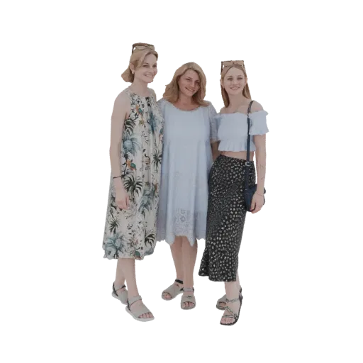 3D model of three women posing together, wearing casual summer clothing.