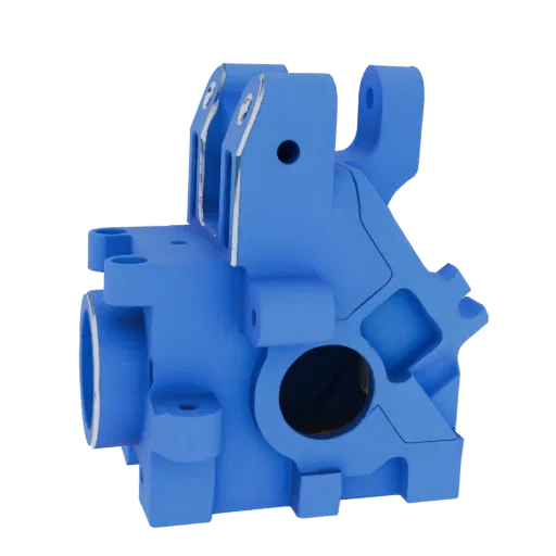 3D model of a blue industrial casting with intricate details and a circular opening, set against a black background.