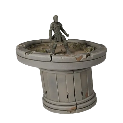 Ruined Display Plinth high poly 3D model preview showing rim shape, studio close-up view, height and ground texture