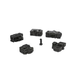Uma coleção de cinco modelos 3D miniatura de edifícios de cidade em ruínas e um monumento, renderizados sobre fundo branco.