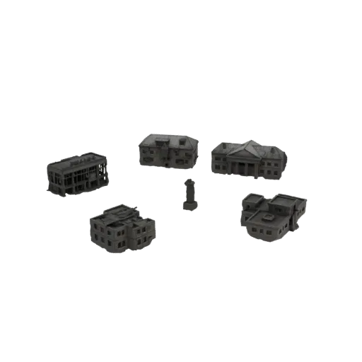 A collection of five miniature 3D models of ruined city buildings and a monument, rendered on a white background.