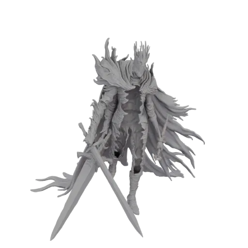 3D model of the Lord of Cinder from Dark Souls, depicted in a dynamic pose with two swords and a flowing cape.