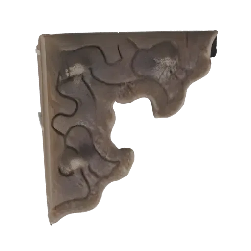 Modèle 3D d'une console d'angle ornée avec des motifs complexes de volutes, présenté sur fond noir.
