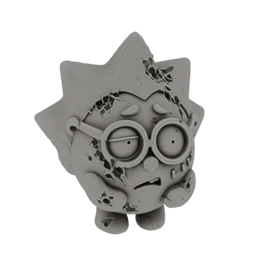 3D model of a gray zombie star character with large glasses and holes in its body, on a white background.