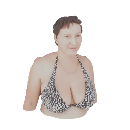 3D model of a woman with short dark hair wearing a black and white patterned bikini, smiling.