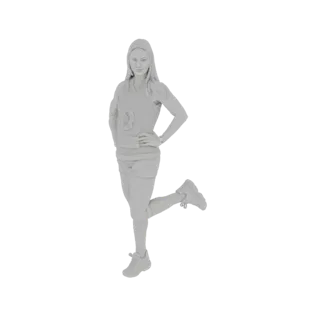 3D model of a woman with athletic build, wearing a tank top and shorts, posing with one leg raised.