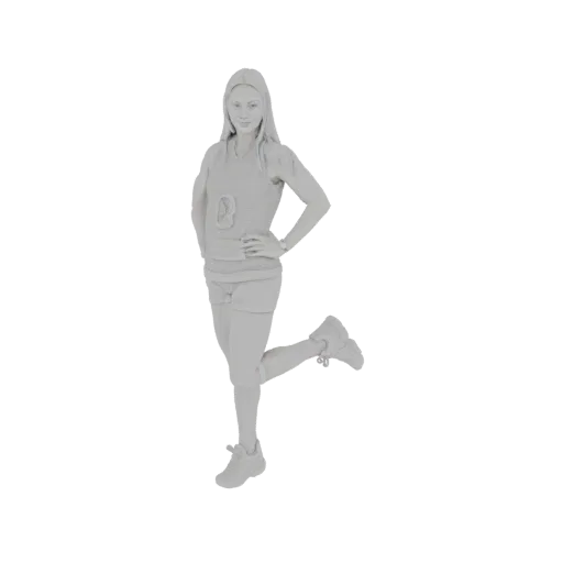 3D model of a woman with athletic build, wearing a tank top and shorts, posing with one leg raised.