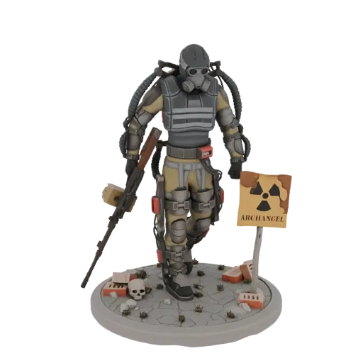 3D model of a post-apocalyptic soldier wearing a gas mask and tactical gear, holding a rifle, standing on a diorama base with