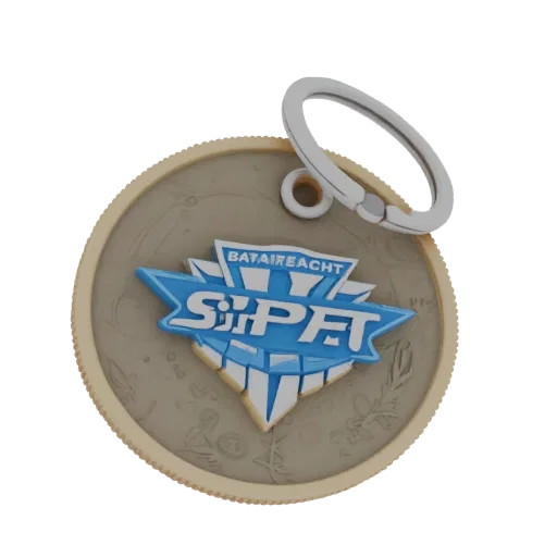 3D model of a coin keychain with BATAIREACHT MODERN CONCEPT SPB logo, featuring a gold rim and silver key ring