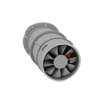 A 3D model of a gray adapter transitioning from a 120mm fan duct to a 40mm round tube, with visible fan blades inside the lar