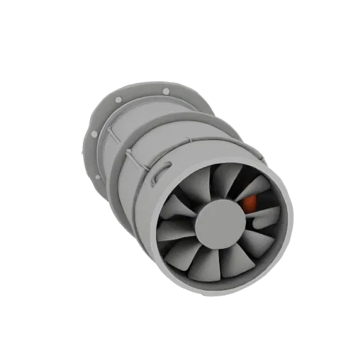 A 3D model of a gray adapter transitioning from a 120mm fan duct to a 40mm round tube, with visible fan blades inside the lar