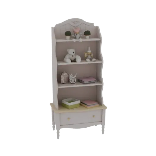 3D model of an ornate white display shelf with a drawer, featuring decorative carvings and multiple shelves, against a white