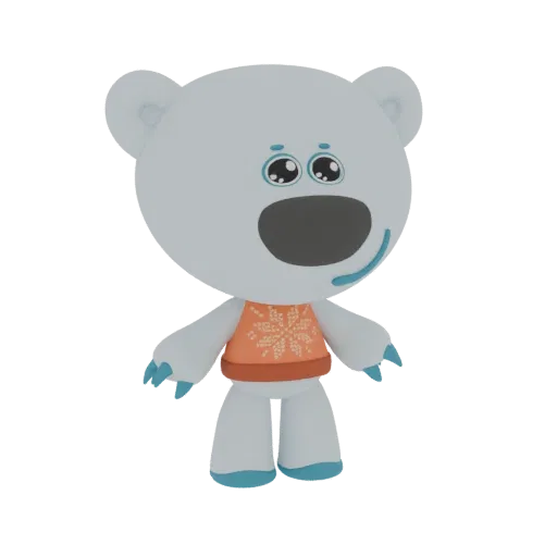 Una renderización 3D de un oso polar bebé lindo, de color azul claro, con un suéter naranja con un patrón de copo de nieve bl