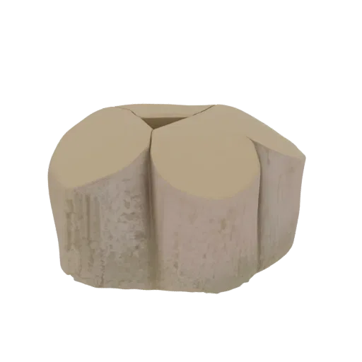 3D model render of an abstract planter with a design resembling overlapping petals, in a neutral beige tone.