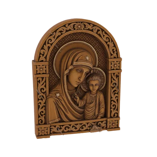 3D model of a Madonna and Child icon in bas-relief, featuring intricate carvings and a warm, wood-like texture.