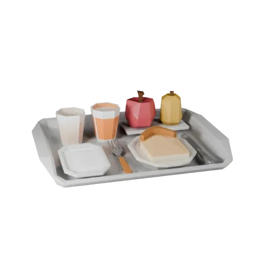 Banquet Breakfast Tray Low Poly 3D model, game viewport three-quarter view, showing ceramic, arranged serving layout.