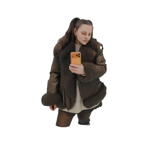 3D model of a woman in a brown aviator jacket holding an orange phone and taking a selfie, with her hair in a ponytail.